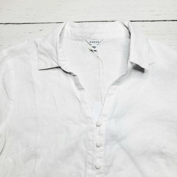 Guess Leyna Embroidered Eyelet Crop Linen Shirt White Scallop Hem Button Medium - Picture 5 of 10